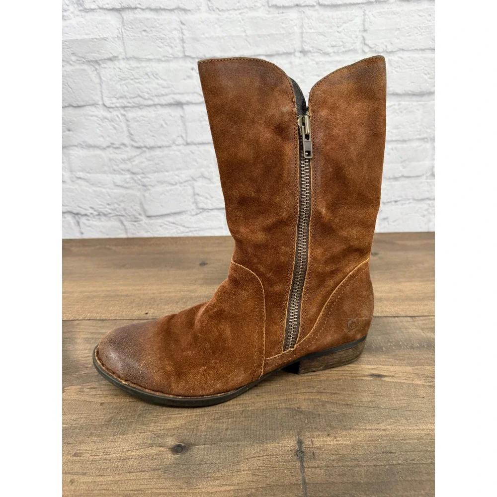 Born Brown Suede Mid Calf Boots Women's 10M Side Zip Leather Boho Rustic Moto